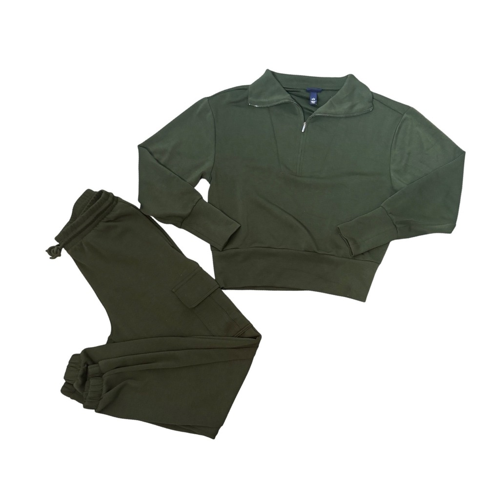 Scoop Womens Forest Green Quarter Zip Sweatshirt and Cargo Jogger Lounge Set S‎